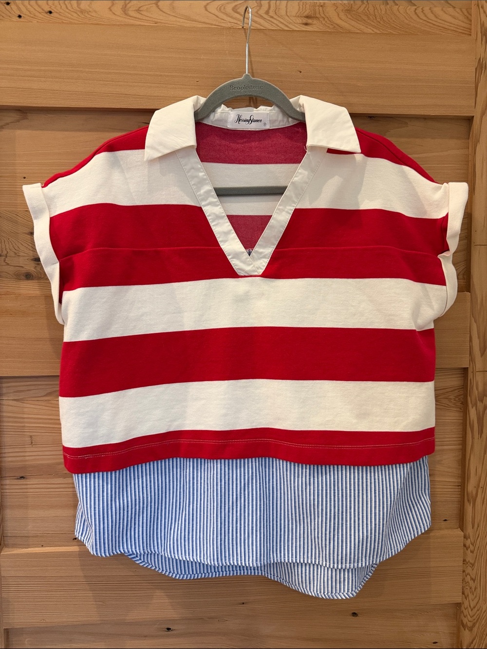 Herring Stones Red White Rugby Stripe Layered Top Blue Shirt Hem Size S